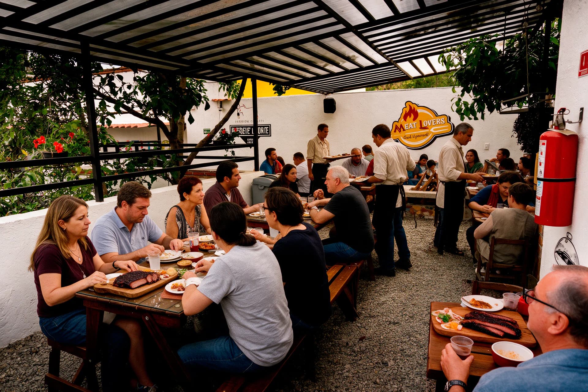 Terraza de Meat Lovers llena de comensales en Atlixco